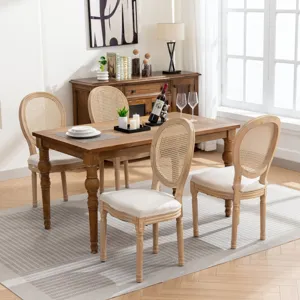 French Style Solid Wood Frame Antique Painting Linen Fabric Rattan Back Dining Chair (Set of 2) - Cr
