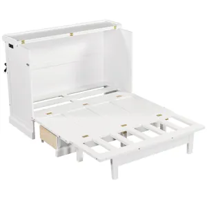 Full Solid Pine Murphy Bed Chest Cube Cabinet Bed With Charging Station And Large Storage Drawer For