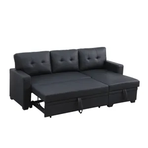 Upholstered Pull Out Sectional Sofa With Chaise - Black