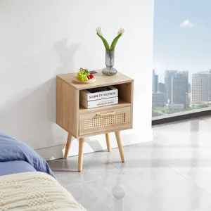 15.75\" Rattan End Table With Power Outlet & USB Ports, Modern Nightstand With Drawer And Solid Wood