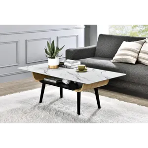 Landon - Coffee Table With Glass Marble Texture Top And Bent Wood Design - White