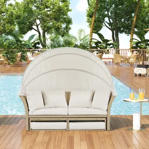 Outdoor Patio Daybed Wicker Rattan Double Daybed Round Sofa Furniture Set With Retractable Canopy, 4