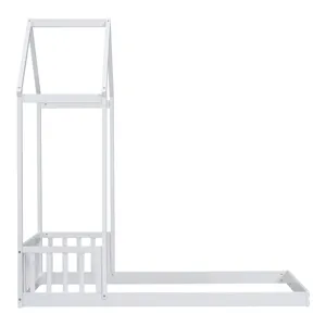 Twin House-Shaped Roof Headboard Floor Bed, (Without Slats) - White