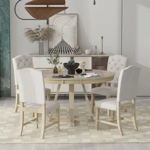 5 Piece Retro Functional Dining Set, Round Table With Leaf And 4 Upholstered Chairs For Dining Room 