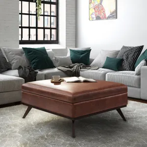 Owen - XL Square Coffee Table Storage Ottoman - Distressed Saddle Brown