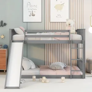 Full Over Full Bunk Bed With Slide And Ladder - Gray