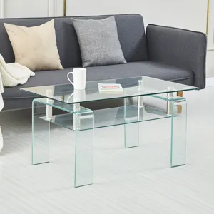 Rectangle Clear Glass Coffee Table, Modern Glass Coffee Table For Living Room, 2 Tier Storage Center