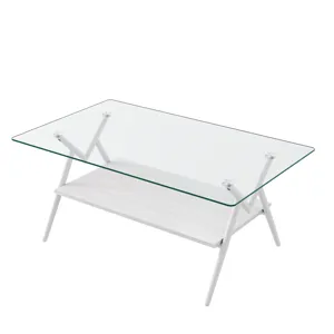 Rectangle Coffee Table With Tempered Glass Top And Metal Legs, Modern Table For Living Room - Transp