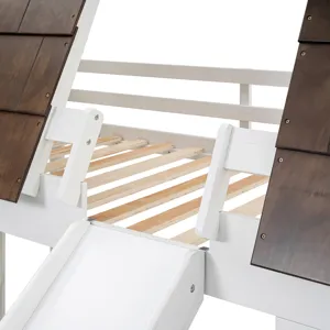 Wood Twin Size House Bunk Bed With Roof, Ladder And Slide - White / Brown