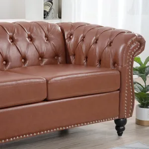 Rolled Arm Chesterfield Three Seater Sofa - Brown