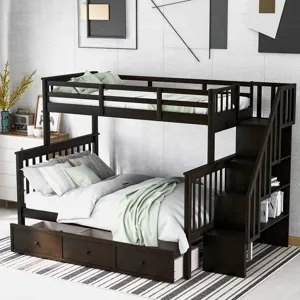 Twin Over Full Stairway Bunk Bed With Drawer, Storage And Guard Rail For Bedroom, Dorm, For Adults -
