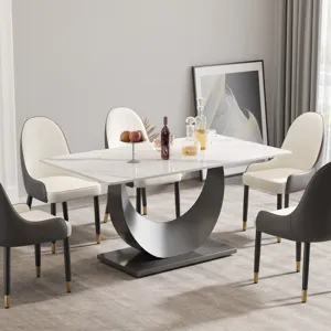 63\" Modern Artificial Stone Crescent-Shaped Metal Legs, Can Accommodate 6-8 People - White / Black