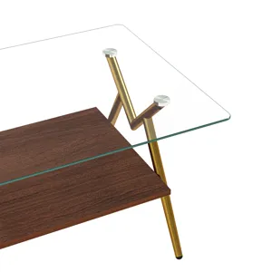 Rectangle Coffee Table With Tempered Glass Top And Golden Metal Legs, Modern Table For Living Room, 