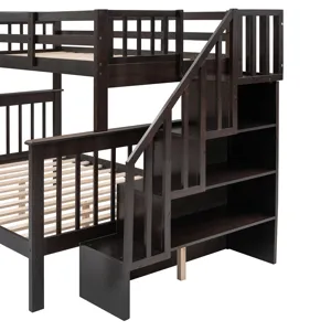 Twin Over Full Stairway Bunk Bed With Drawer, Storage And Guard Rail For Bedroom, Dorm, For Adults -