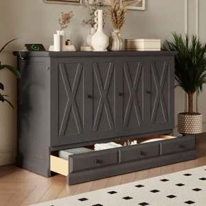 Full Solid Pine Murphy Bed Chest Cube Cabinet Bed With Charging Station And Large Storage Drawer For