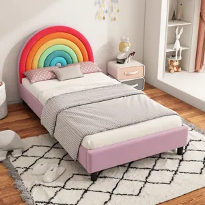 Rainbow Design Upholstered Twin Platform Bed Cute Style Princess Bed For Boys & Girls, Teens - Color