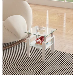 Modern Tempered Glass Tea Table, End Square Table For Living Room - Transparent / White