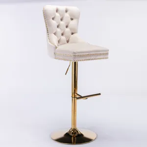 Thick Golden Swivel Velvet Barstools Adjusatble Seat Height From 27-35\", Modern Upholstered Bar Sto
