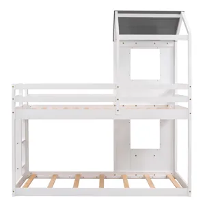 Twin Over Twin Bunk Bed Wood Bed & Roof, Window, Guardrail, Ladder - White