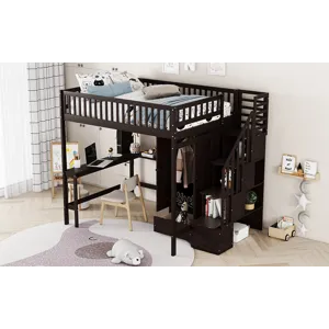 Full Size Loft Bed With Bookshelf, Drawers, Desk, And Wardrobe - Espresso