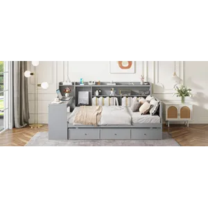 Full Size Wooden Daybed With 3 Drawers, USB Ports And Desk - Gray