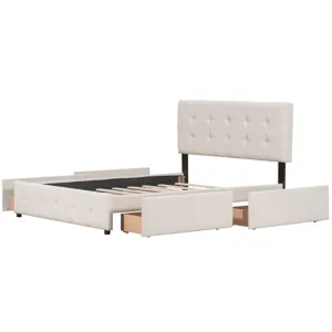 Queen Size Upholstered Platform Bed With Classic Headboard And 4 Drawers, No Box Spring Needed - Bei