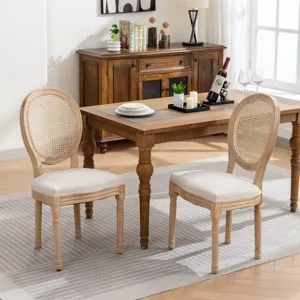French Style Solid Wood Frame Antique Painting Linen Fabric Rattan Back Dining Chair (Set of 2) - Cr