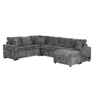 Sectional Sofa Pull-Out Sofa Bed Sleeper With A Storage Ottoman, Three Pillows And Charging Devices 