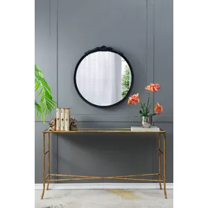 Round Hand Carved Rose Antique Mirror Frame, Wall Mirror For Live Space, Bathroom, Entryway Wall Dec