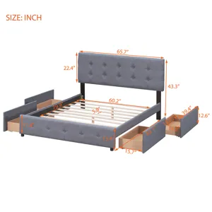 Queen Size Upholstered Platform Bed With Classic Headboard And 4 Drawers, No Box Spring Needed - Dar