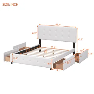 Queen Size Upholstered Platform Bed With Classic Headboard And 4 Drawers, No Box Spring Needed - Whi