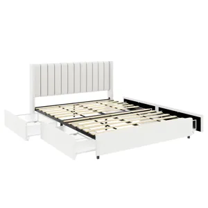 Anda - Queen Boucle Upholstered Platform Bed With Patented 4 Drawers Storage - Ivory