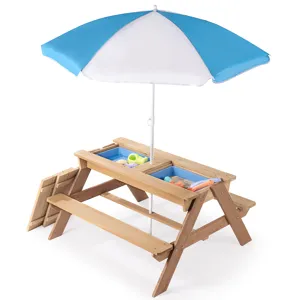3-In-1 Kids Outdoor Wooden Picnic Table With Umbrella, Convertible Sand & Water, ASTM & CPSIA Certif