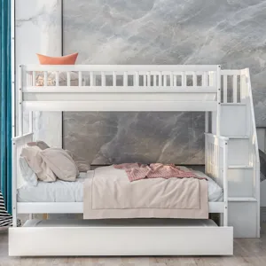 Twin Over Full Bunk Bed With Trundle And Staircase - White