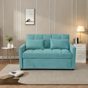 Velvet Two Seater Pull Out Sofa Bed, Adjustable Backrest With Three USB Ports, Two Side Pockets, 3 I