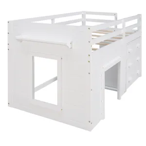 Twin Size Loft Bed With Cabinet And Shelf - White
