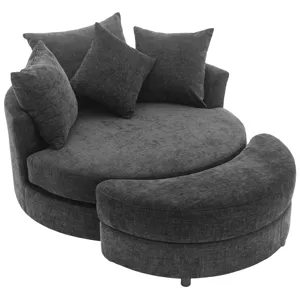360° Swivel Accent Barrel Chair With Storage Ottoman & 4 Pillows, Modern Chenille Leisure Chair Roun