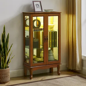 Curio Cabinet Lighted Curio Diapaly Cabinet With Adjustable Shelves And Mirrored Back Panel, Tempere