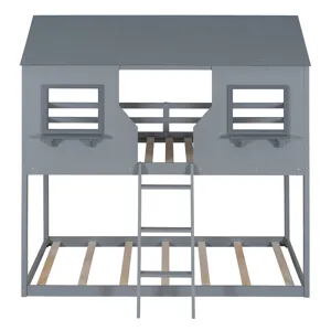 78\" Twin Over Twin Bunk Bed Wood Bed With Roof, Window, Guardrail, Ladder - Gray
