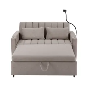 Convertible Sofa Bed Loveseat Sofa With Three USB Ports, Two Side Pockets, Two Cup Holders And 360° 