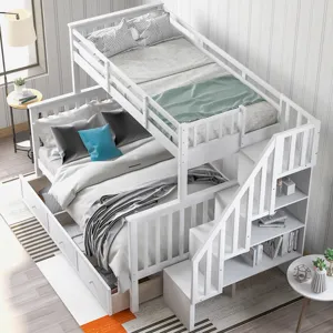 Twin Over Full Stairway Bunk Bed With Drawer, Storage And Guard Rail For Bedroom, Dorm, For Adults -