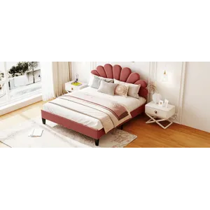 Queen Size Upholstered Platform Bed With Flower Pattern Velvet Headboard - Bean Paste Red