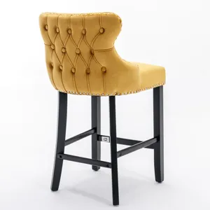 Contemporary Velvet Upholstered Wing-Back Barstools With Button Tufted Decoration And Wooden Legs, A