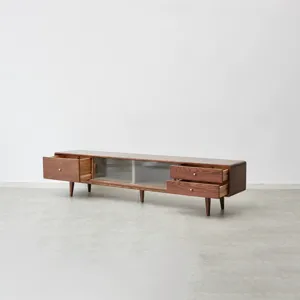 TV Cabinet With Chinese Changhong Glass Doors, Two Drawer Storage Space TV Standing - Walnut