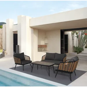 4 Pieces Patio Furniture Set, PE Rattan Wicker With Washable Cushion And Tempered Glass Tabletop, Co
