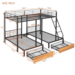 Full Over Twin & Twin Bunk Bed, Metal Triple Bunk Bed With Drawers And Guardrails - Black