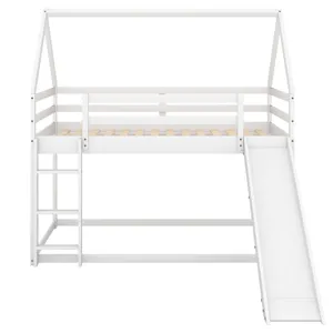 Twin Size Bunk House Bed With Slide And Ladder - White