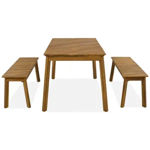 3 Pieces Acacia Wood Table Bench Dining Set For Outdoor & Indoor Furniture With 2 Benches, Picnic Be