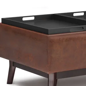 Owen - Tray Top Small Coffee Table Storage Ottoman - Distressed Saddle Brown