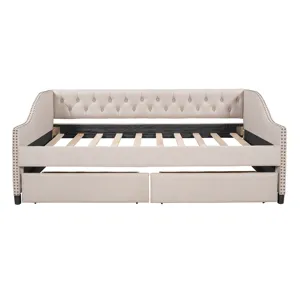 Full Size Upholstered Daybed With Two Drawers, Wood Slat Support - Beige